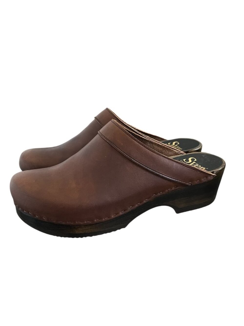 SVEN Men's Leather Collar Low Heel Plain Clogs In Cedar Brown Size 44/11